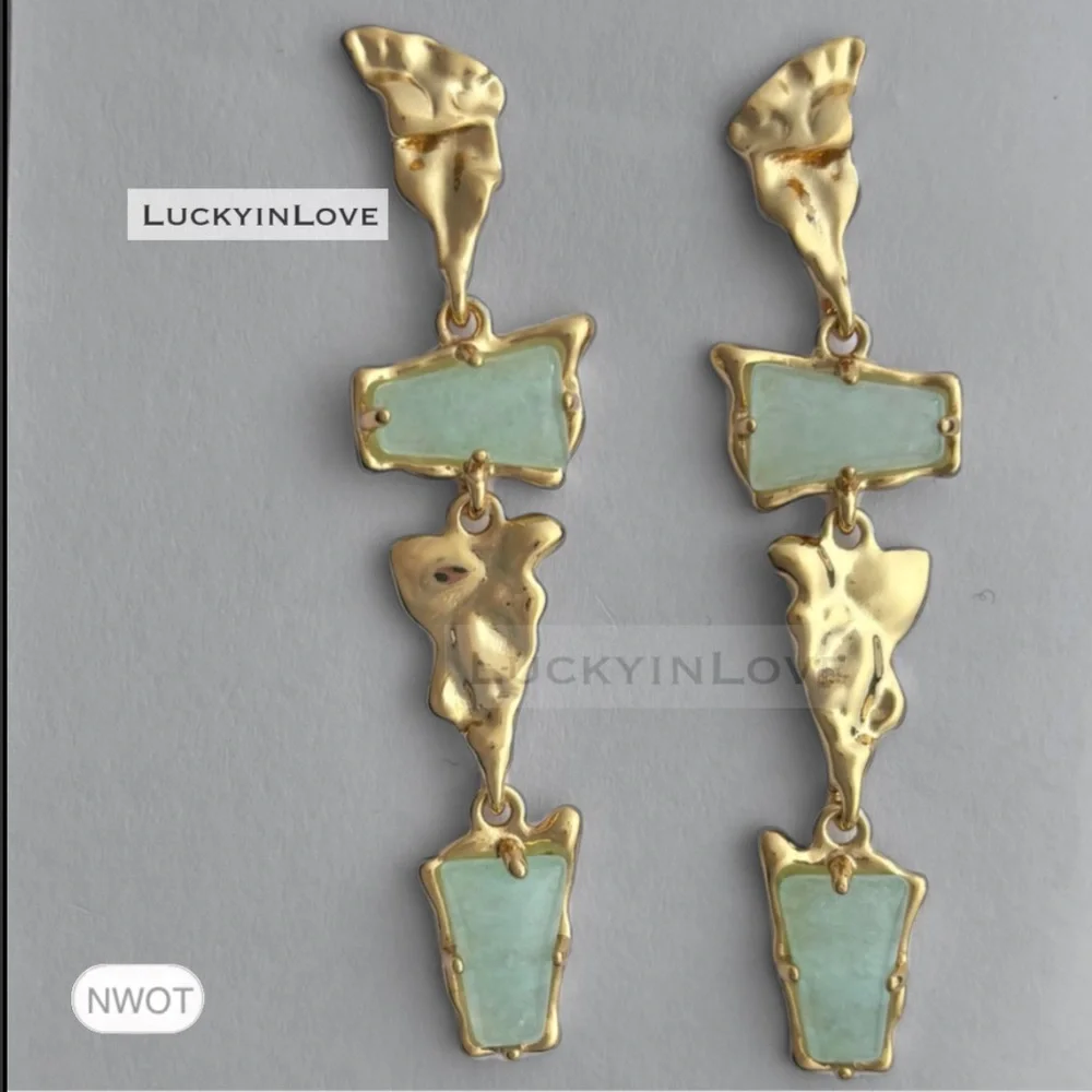 ALEXIS BITTAR • Brut Crumpled Gold Tumbled Green Blue Gemstone Drop Earrings